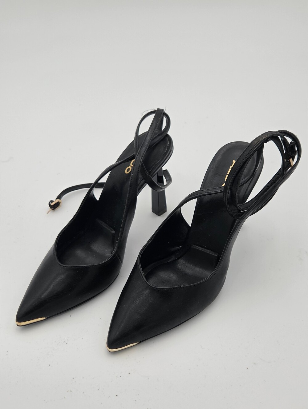 Aldo Isabela Black With Gold Accents Pointed Toe Ankle Strap Heels
